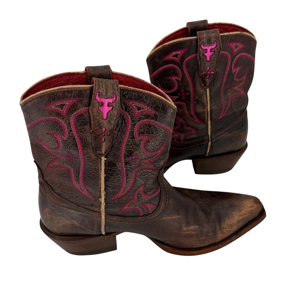 VTG Trask Brown Leather Cowboy Boots Pink Bull Longhorn Western Rodeo Cowgirl 9B